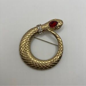 Gold Snake Brooch with Red Gemstone